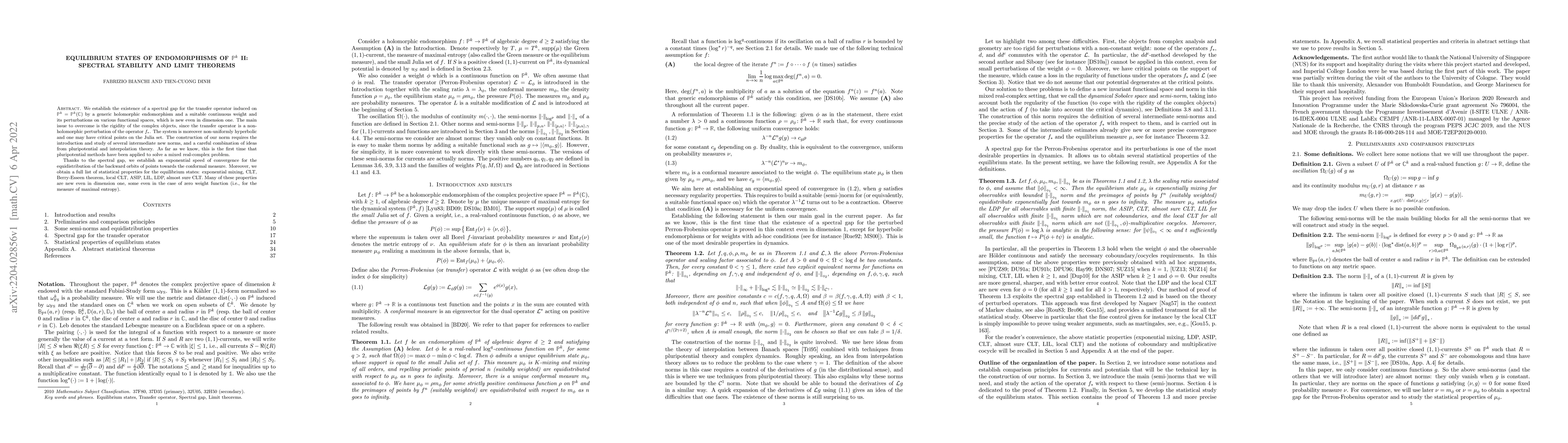 Thumbnail for Equilibrium states of endomorphisms of $\mathbb{P}^k$ II: spectral
  stability and limit theorems