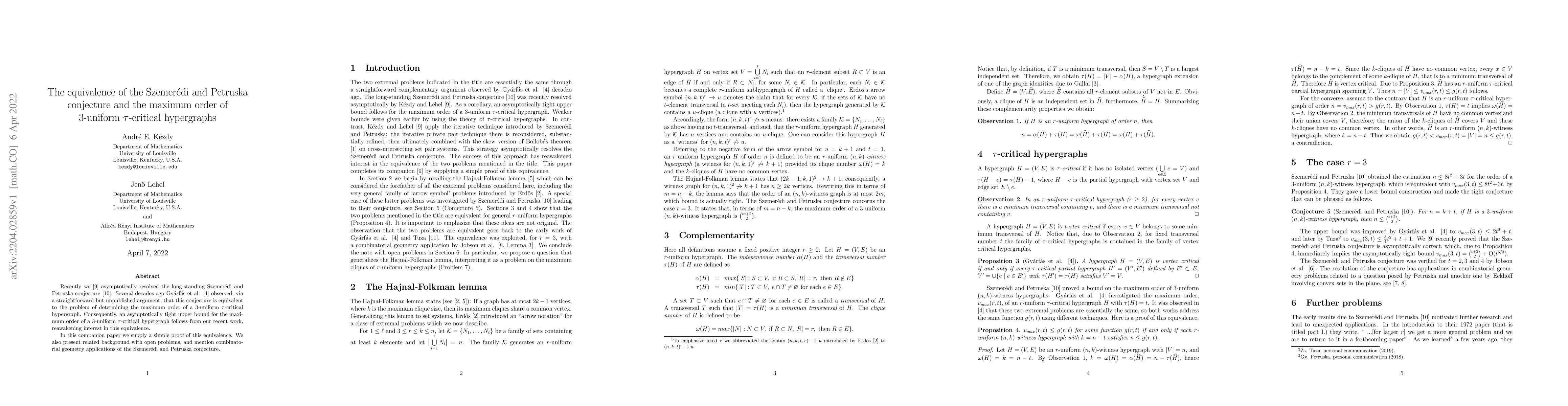 Thumbnail for The equivalence of the Szemer\'edi and Petruska conjecture and the
  maximum order of $3$-uniform $\tau$-critical hypergraphs