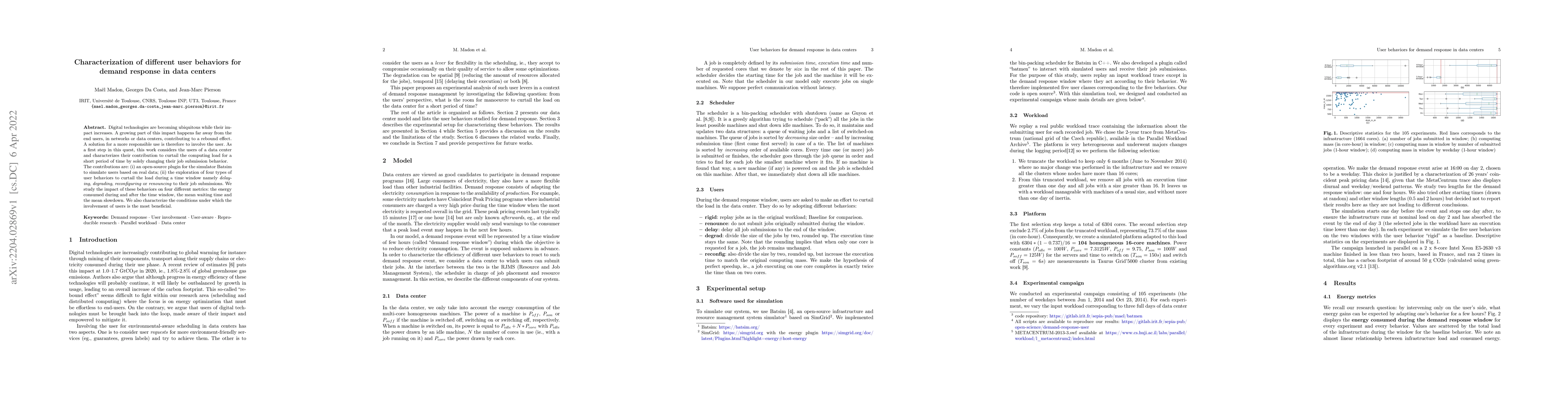 Thumbnail for Characterization of different user behaviors for demand response in data
  centers