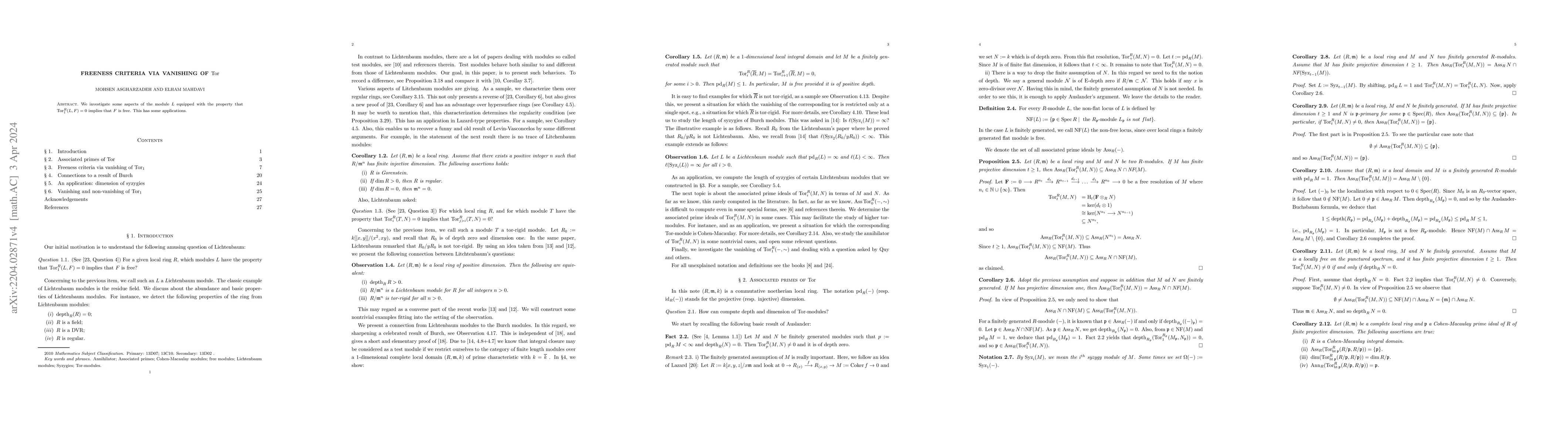 Thumbnail for Freeness criteria via vanishing of Tor