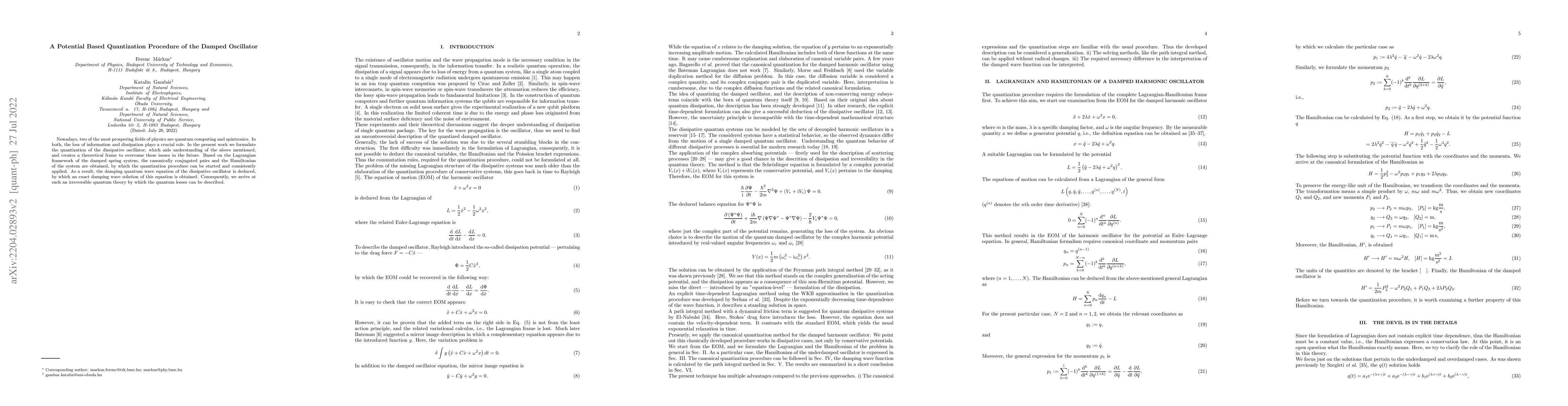 Thumbnail for A Potential Based Quantization Procedure of the Damped Oscillator