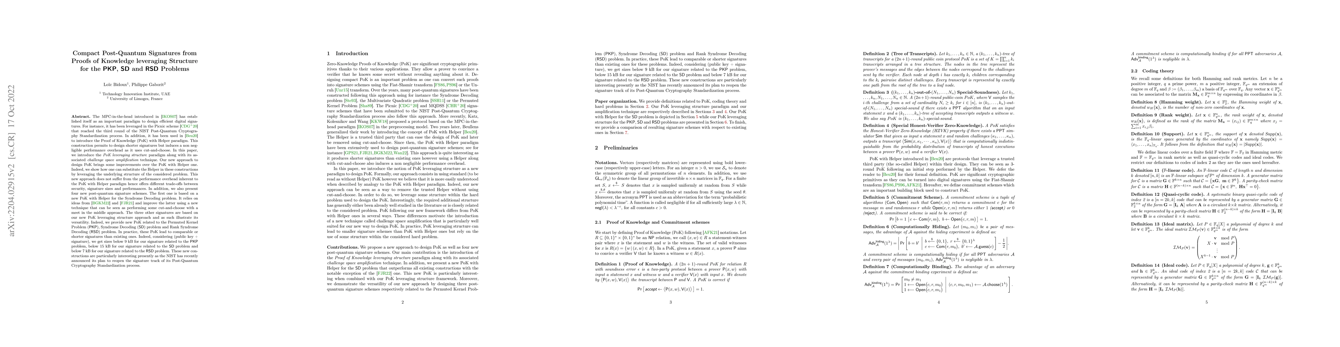 Thumbnail for Compact Post-Quantum Signatures from Proofs of Knowledge leveraging
  Structure for the PKP, SD and RSD Problems