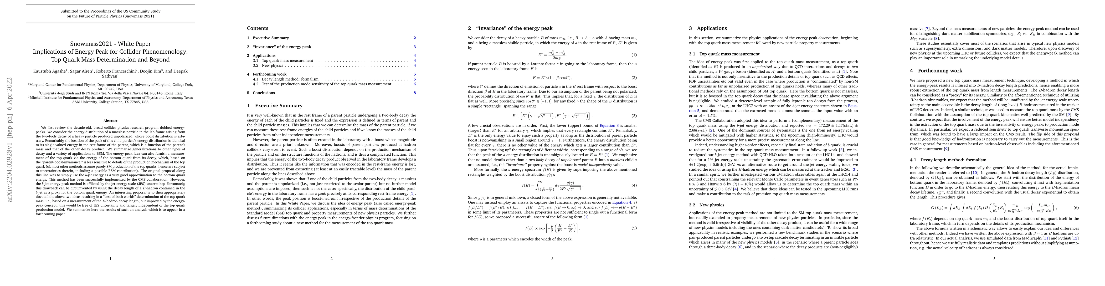Thumbnail for Snowmass2021 - White Paper, Implications of Energy Peak for Collider
  Phenomenology: Top Quark Mass Determination and Beyond