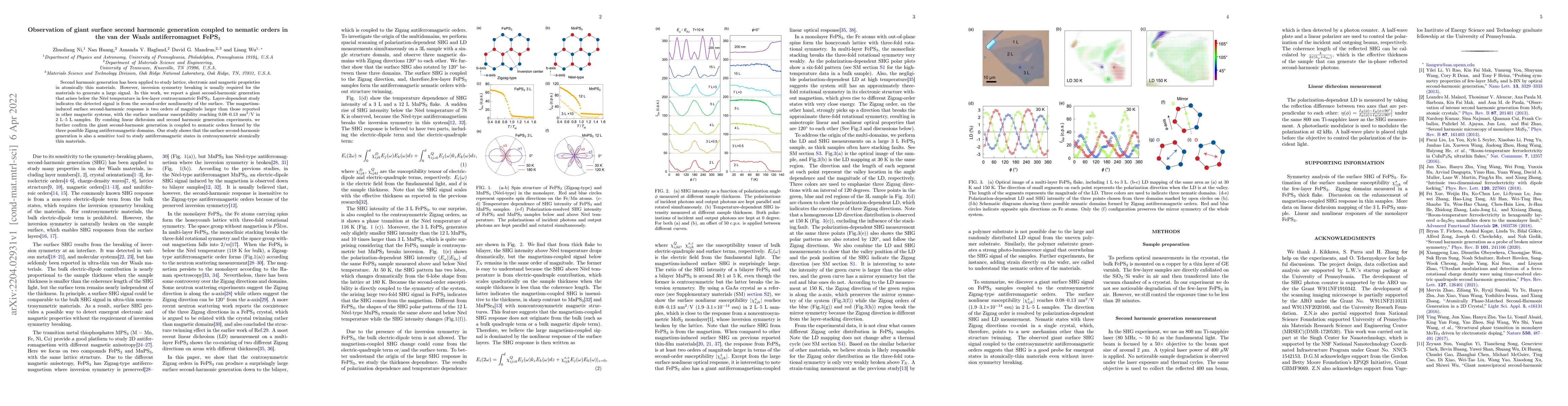 Thumbnail for Observation of giant surface second harmonic generation coupled to
  nematic orders in the van der Waals antiferromagnet FePS$_3$