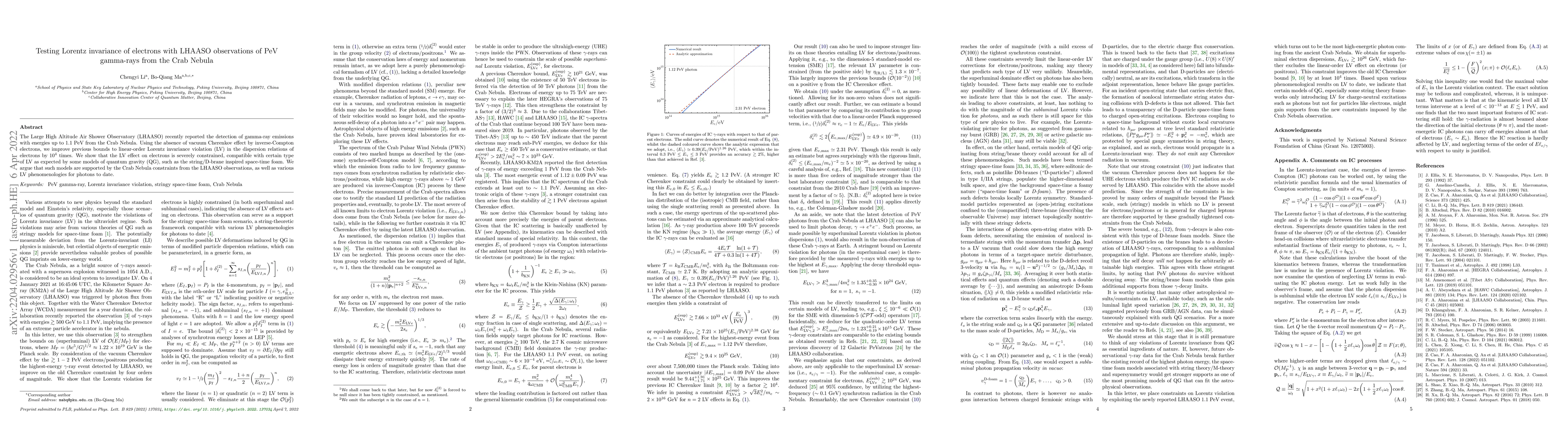 Thumbnail for Testing Lorentz invariance of electrons with LHAASO observations of PeV
  gamma-rays from the Crab Nebula