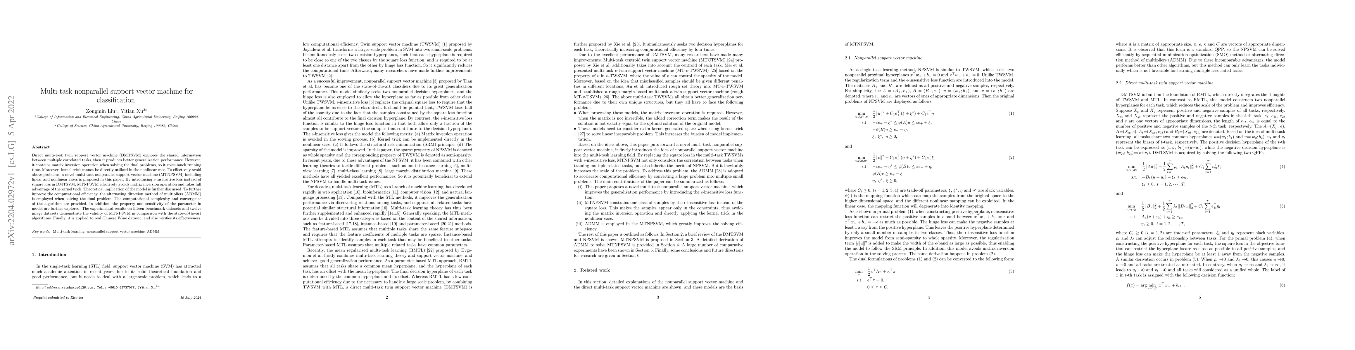 Thumbnail for Multi-task nonparallel support vector machine for classification
