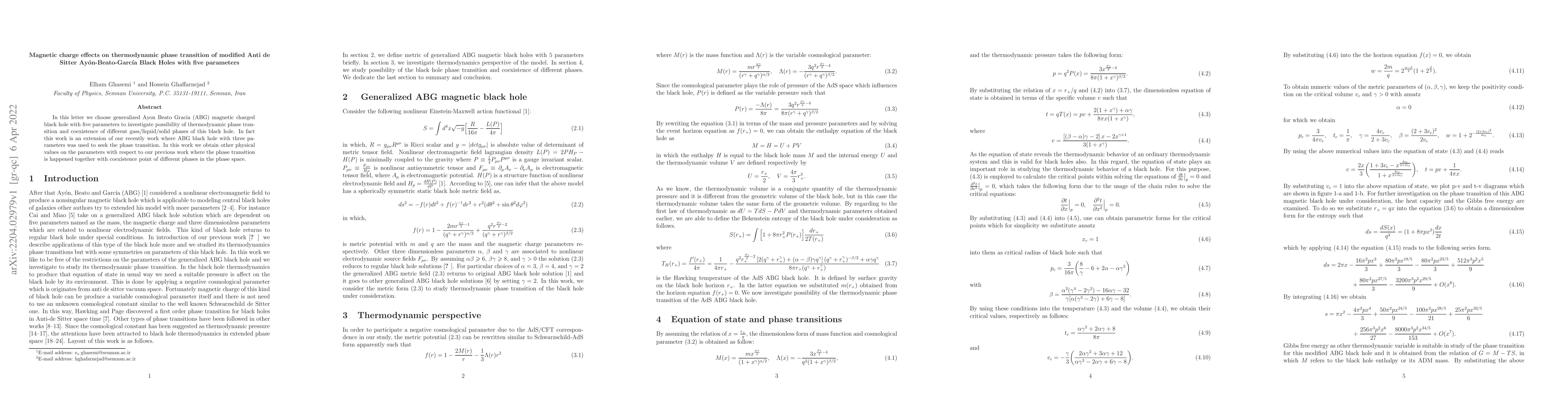 Thumbnail for Magnetic charge effects on thermodynamic phase transition of modified
  Anti de Sitter Ay\'{o}n-Beato-Garc\'{i}a Black Holes with five parameters
