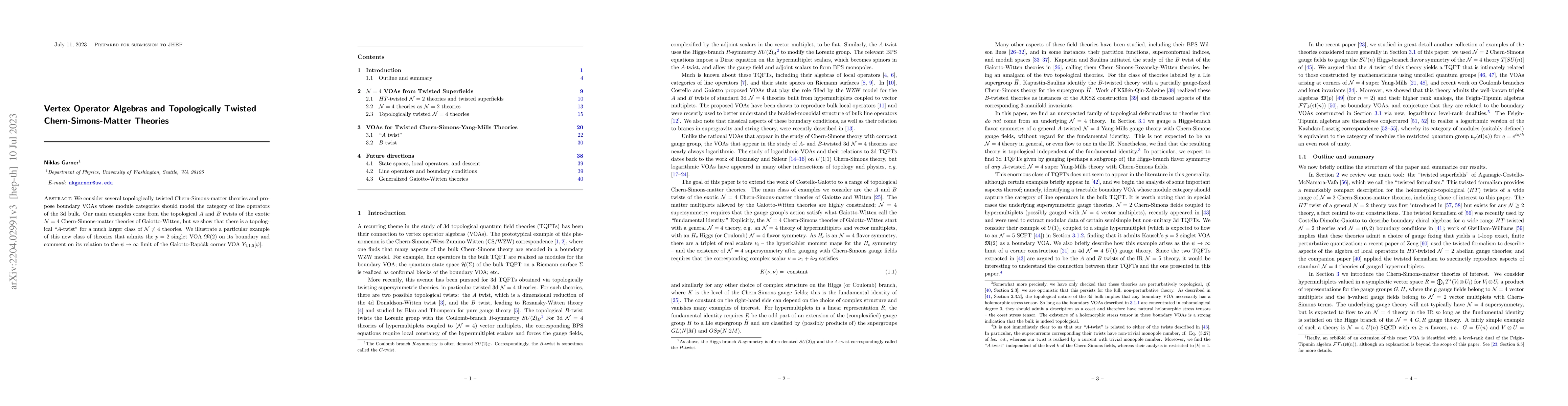 Thumbnail for Vertex Operator Algebras and Topologically Twisted Chern-Simons-Matter
  Theories