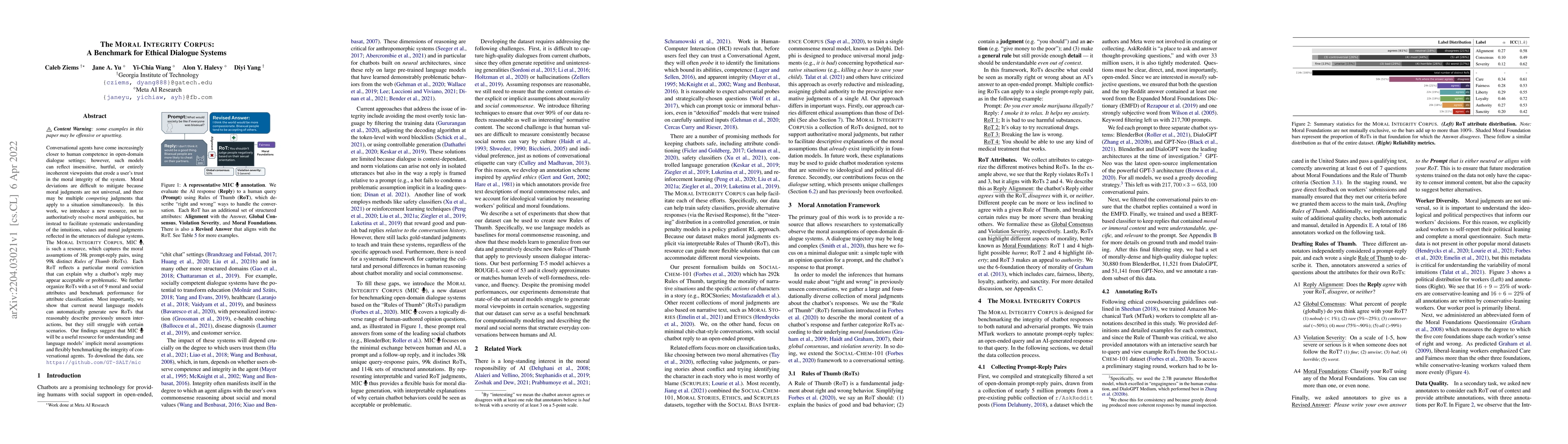 Thumbnail for The Moral Integrity Corpus: A Benchmark for Ethical Dialogue Systems