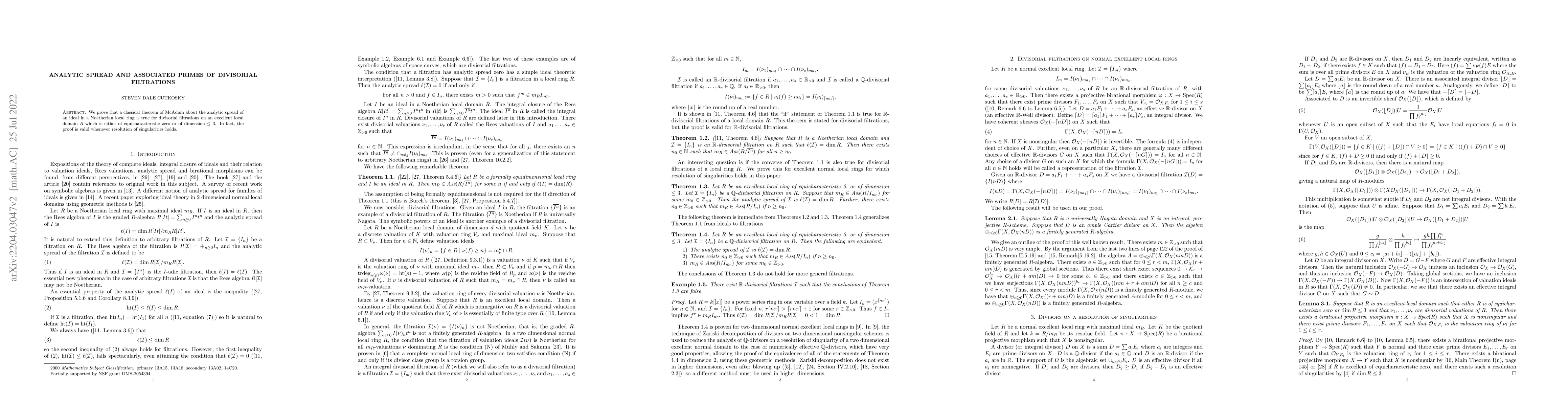 Thumbnail for Analytic Spread and Associated primes of divisorial filtrations
