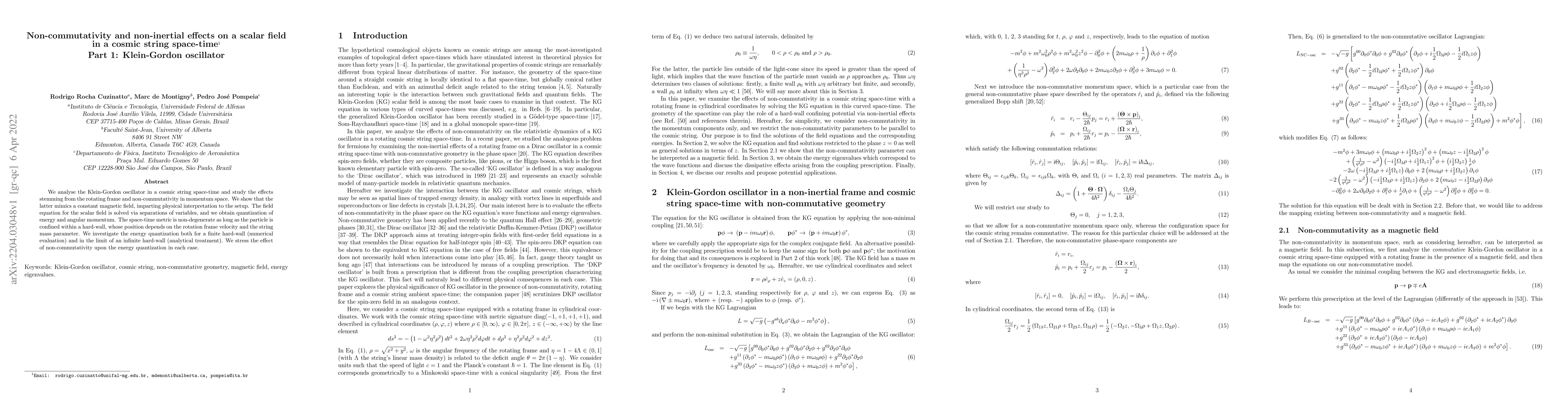 Thumbnail for Non-commutativity and non-inertial effects on a scalar field in a cosmic
  string space-time. Part 1: Klein-Gordon oscillator