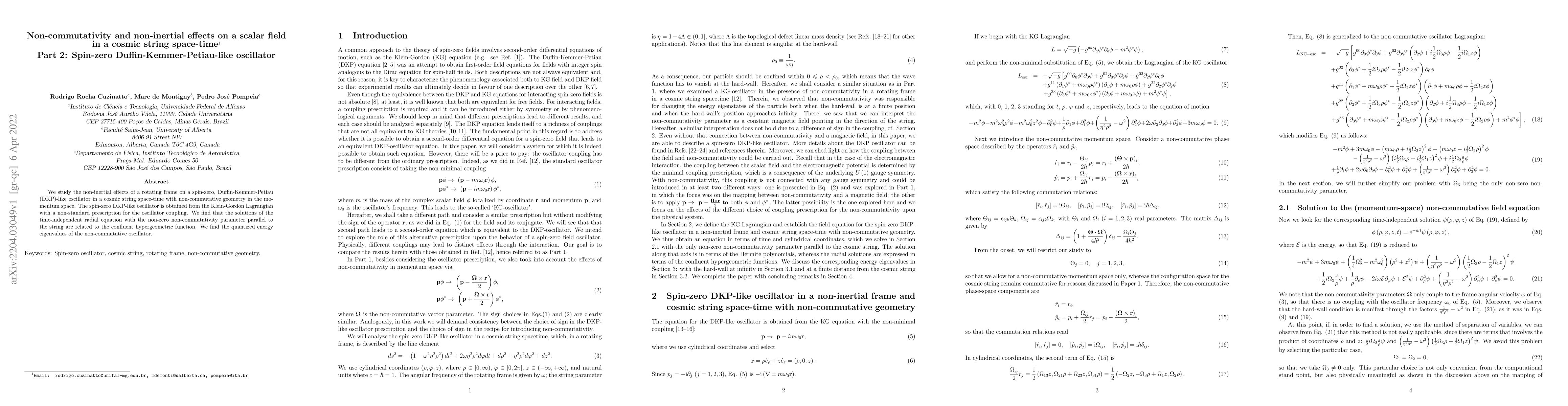 Thumbnail for Non-commutativity and non-inertial effects on a scalar field in a cosmic
  string space-time. Part 2: Spin-zero Duffin-Kemmer-Petiau-like oscillator