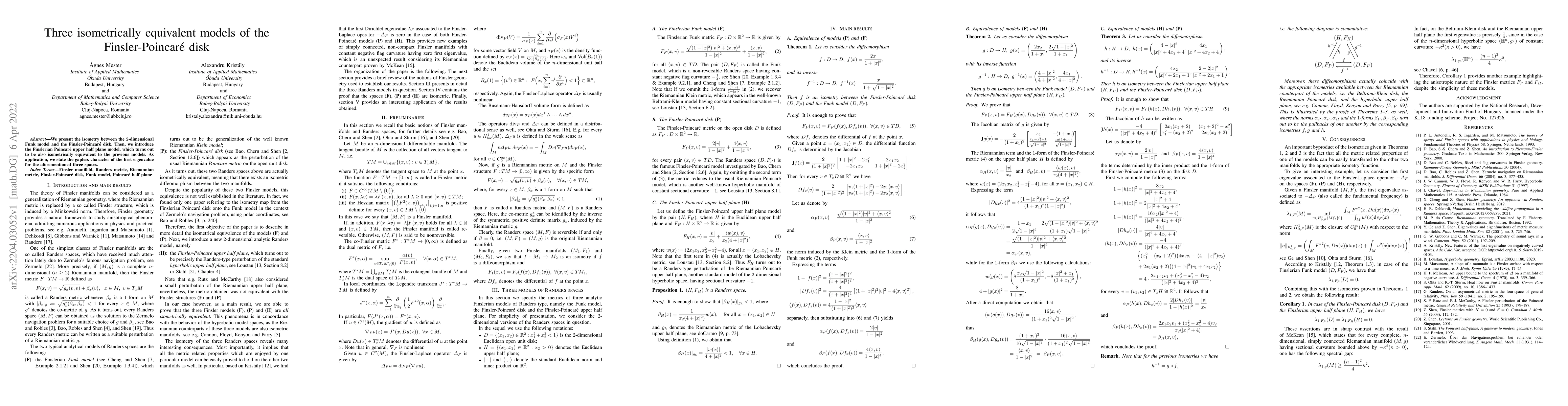 Thumbnail for Three isometrically equivalent models of the Finsler-Poincar\'e disk