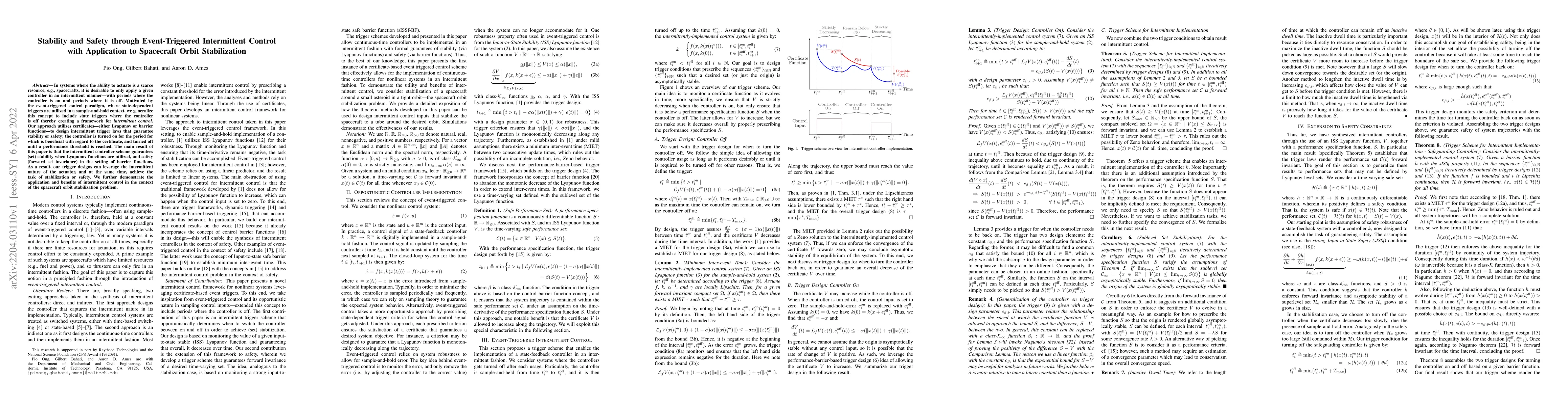 Thumbnail for Stability and Safety through Event-Triggered Intermittent Control with
  Application to Spacecraft Orbit Stabilization