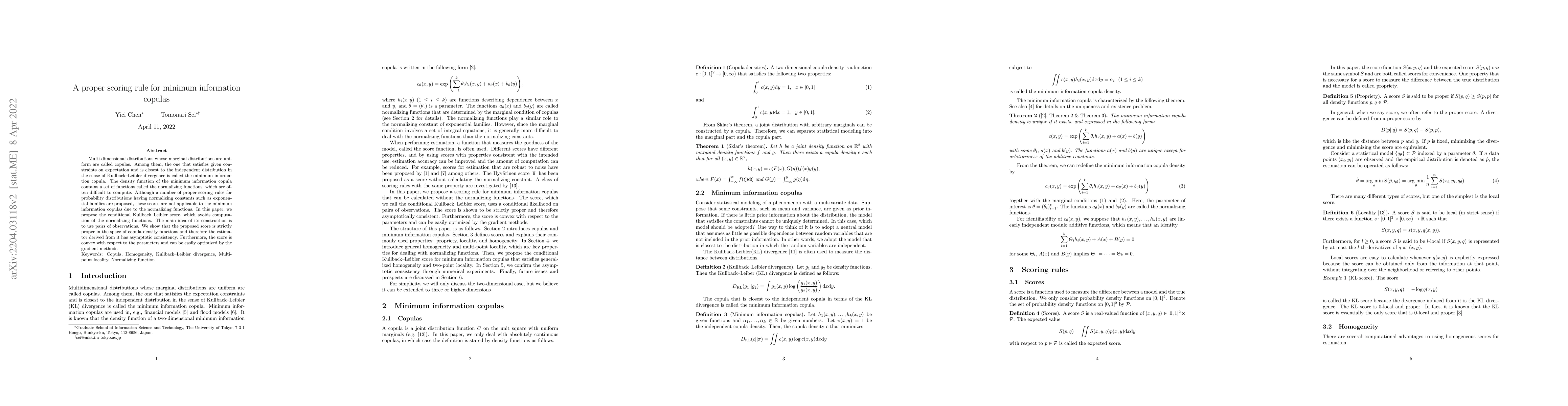 Thumbnail for A proper scoring rule for minimum information copulas