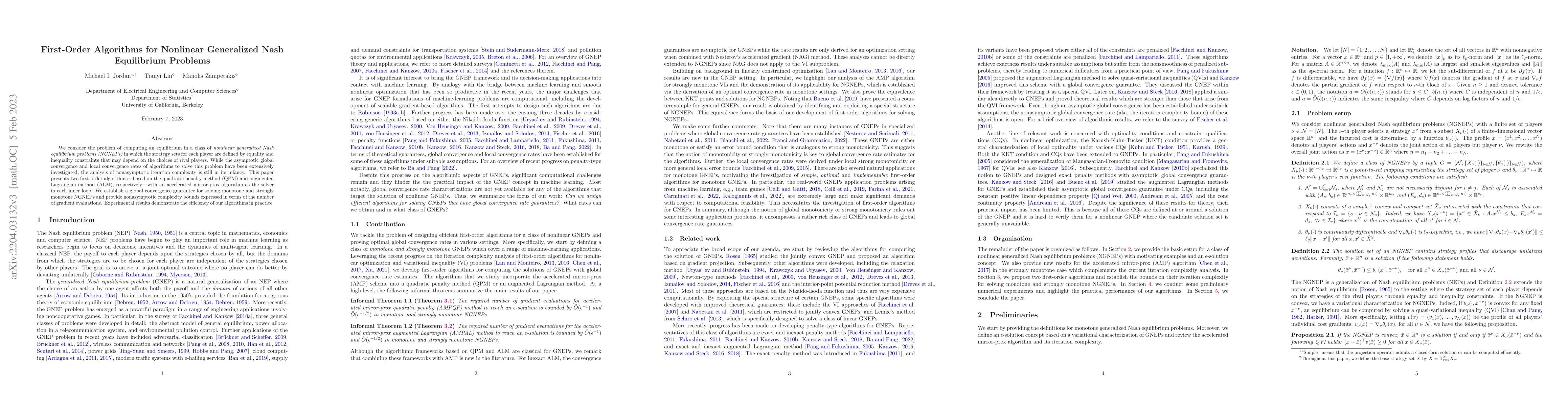 Thumbnail for First-Order Algorithms for Nonlinear Generalized Nash Equilibrium
  Problems