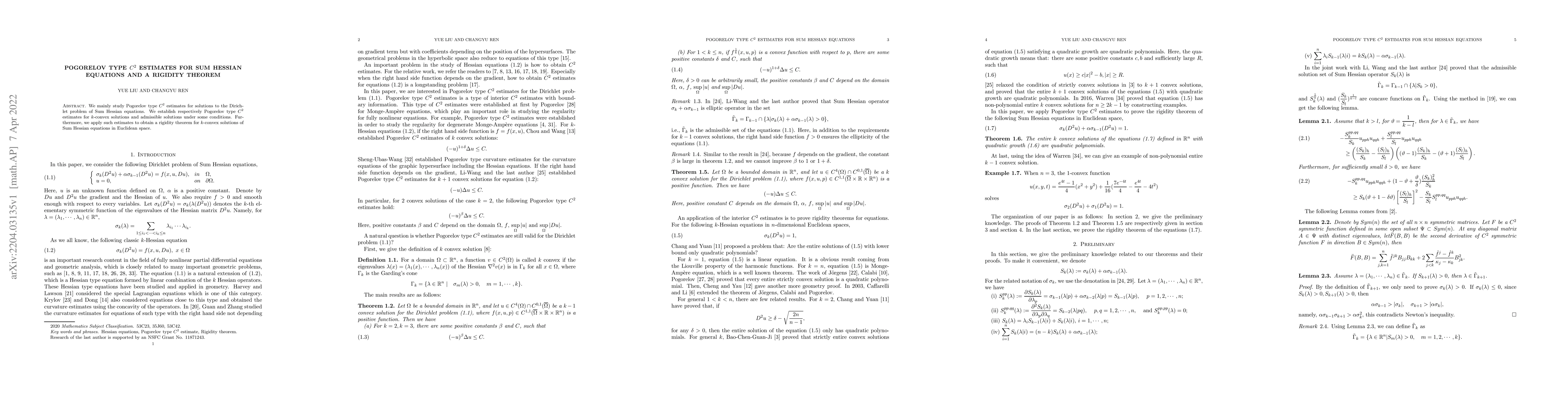 Thumbnail for Pogorelov type $C^2$ estimates for Sum Hessian equations and a rigidity
  theorem