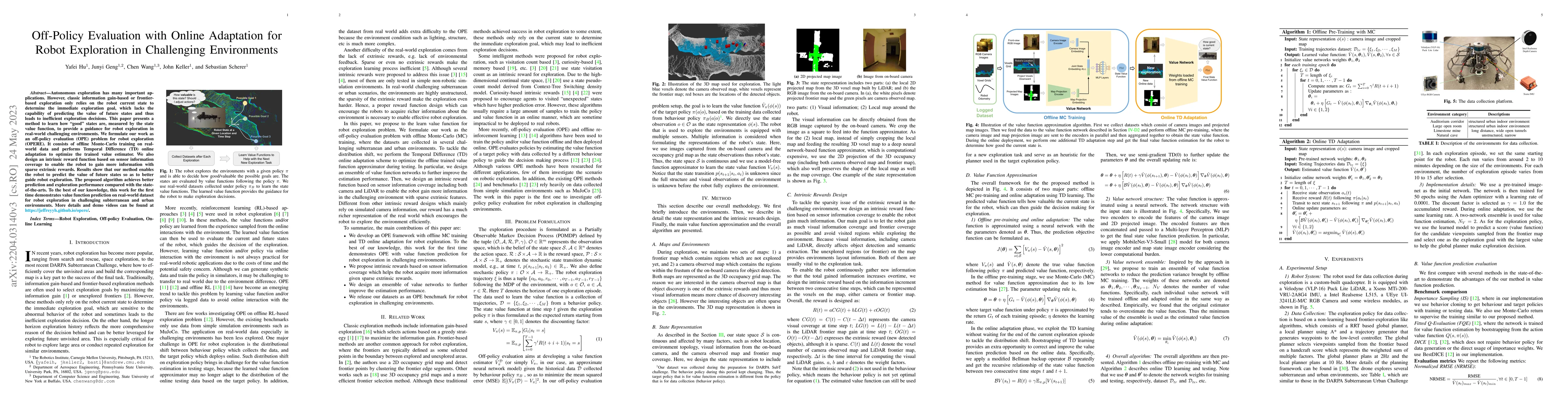 Thumbnail for Off-Policy Evaluation with Online Adaptation for Robot Exploration in
  Challenging Environments