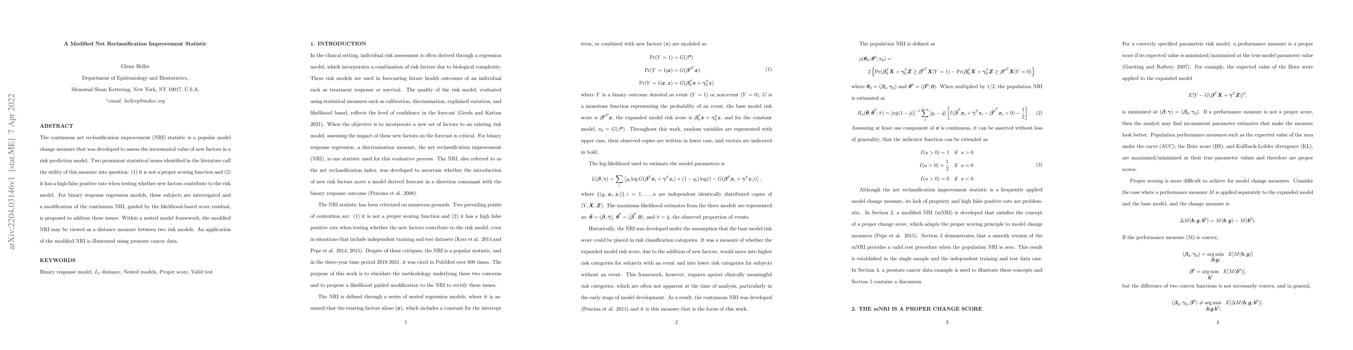 Thumbnail for A Modified Net Reclassification Improvement Statistic
