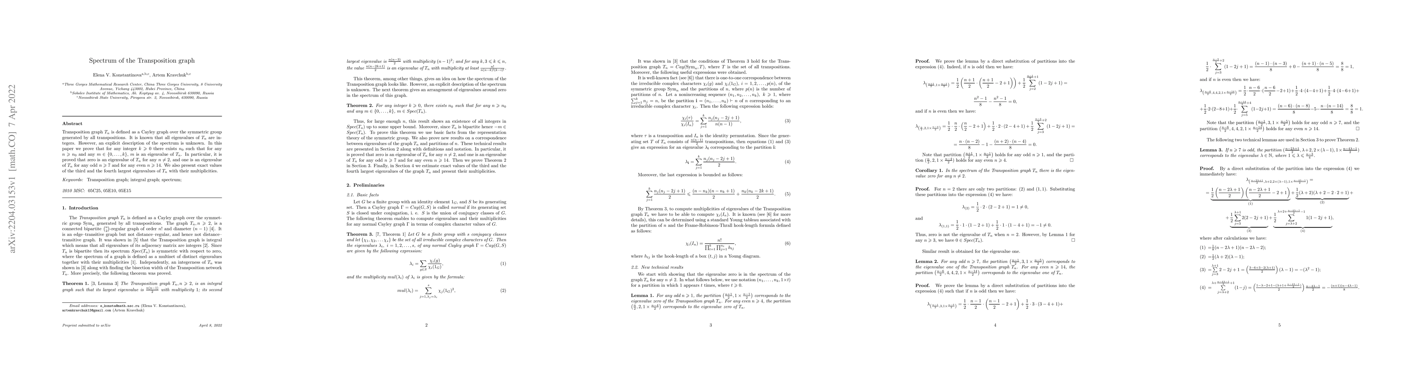 Thumbnail for Spectrum of the Transposition graph