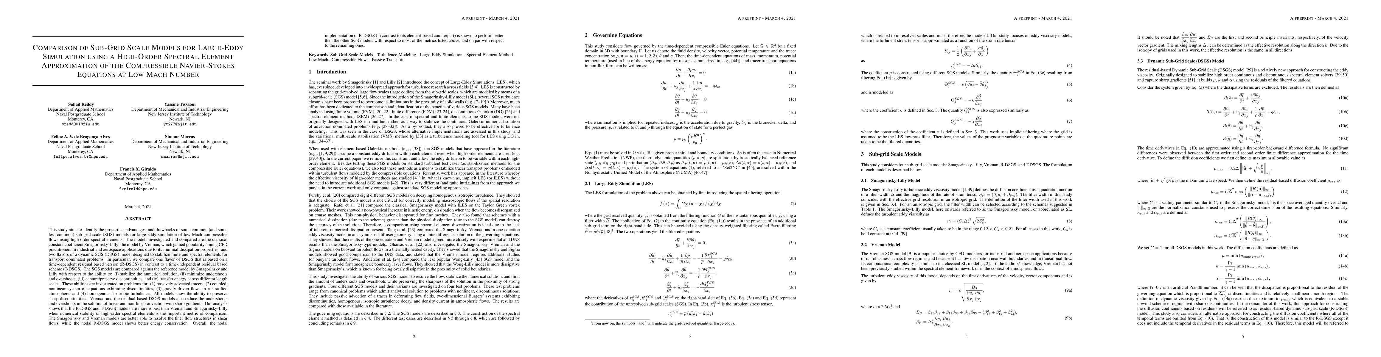 Thumbnail for Comparison of Sub-Grid Scale Models for Large-Eddy Simulation using a
  High-Order Spectral Element Approximation of the Compressible Navier-Stokes
  Equations at Low Mach Number