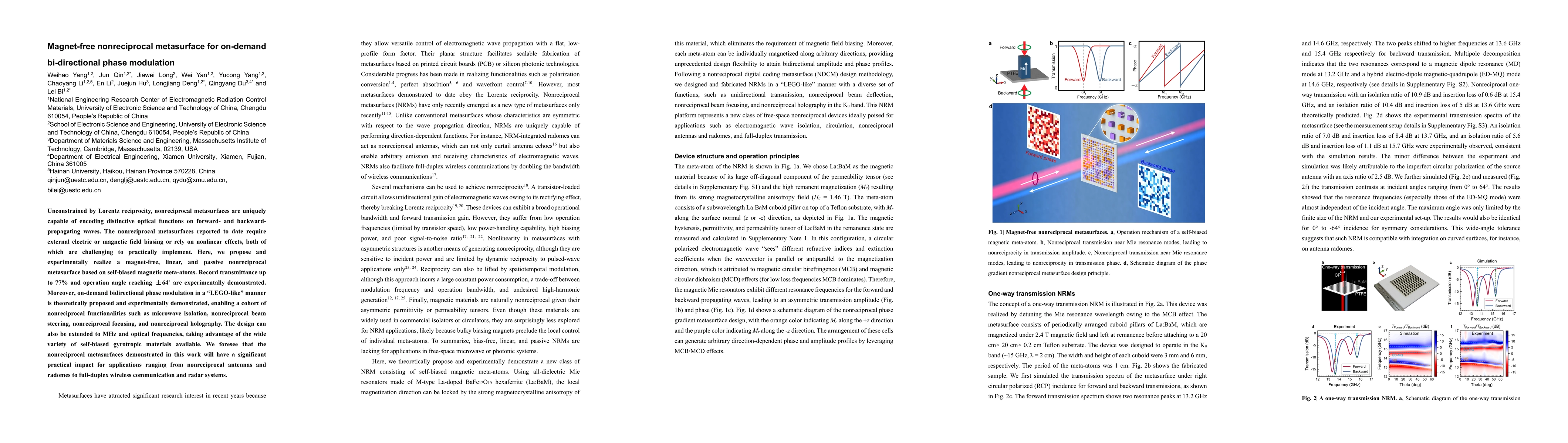Thumbnail for Magnet-free nonreciprocal metasurface for on-demand bi-directional phase
  modulation