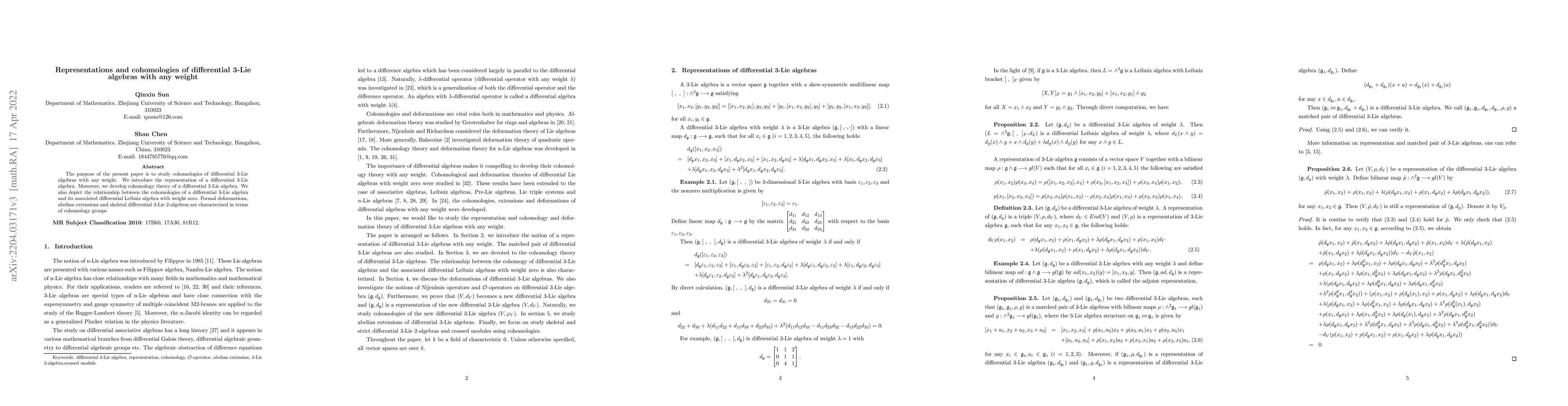 Thumbnail for Representations and cohomologies of differential 3-Lie algebras with any
  weight