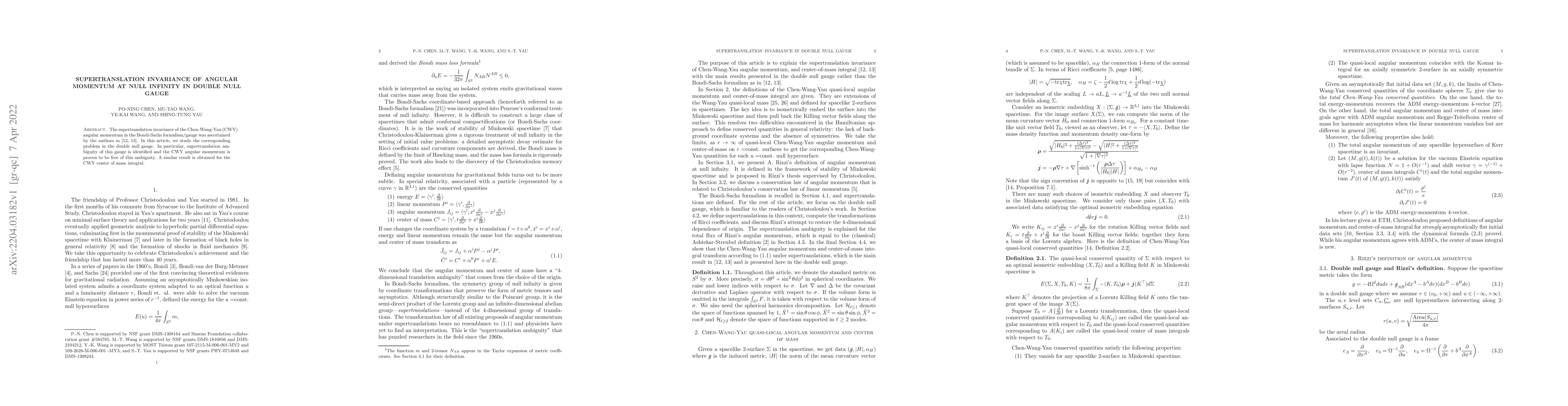 Thumbnail for Supertranslation invariance of angular momentum at null infinity in
  double null gauge