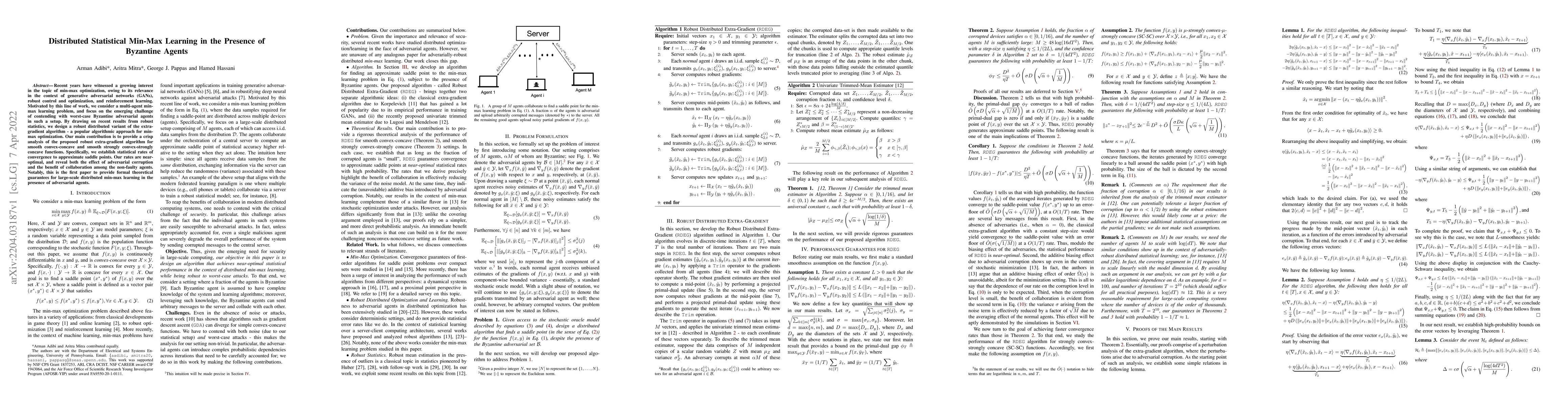 Thumbnail for Distributed Statistical Min-Max Learning in the Presence of Byzantine
  Agents