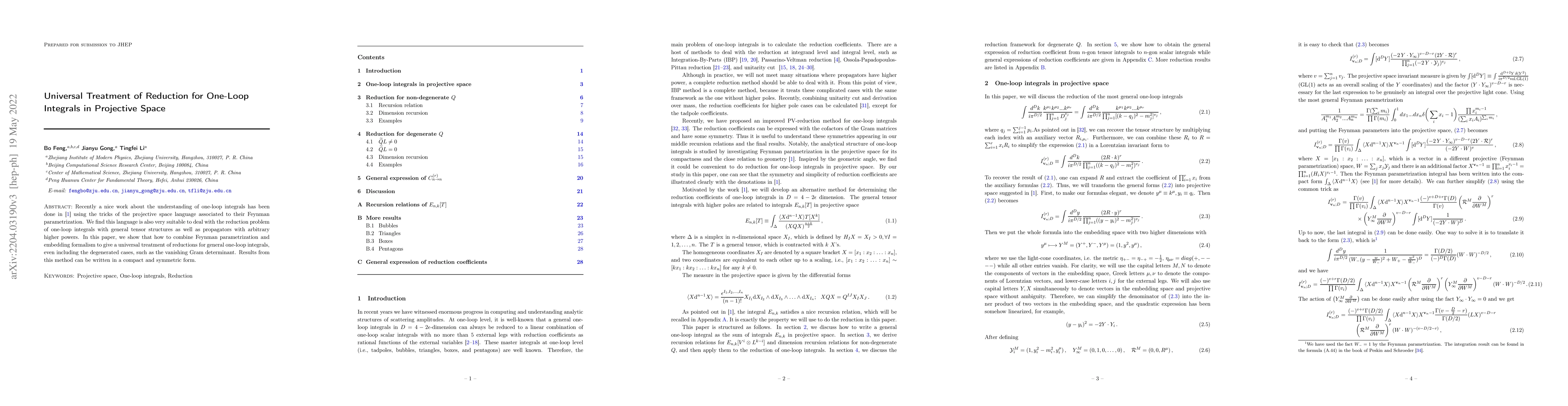 Thumbnail for Universal Treatment of Reduction for One-Loop Integrals in Projective
  Space