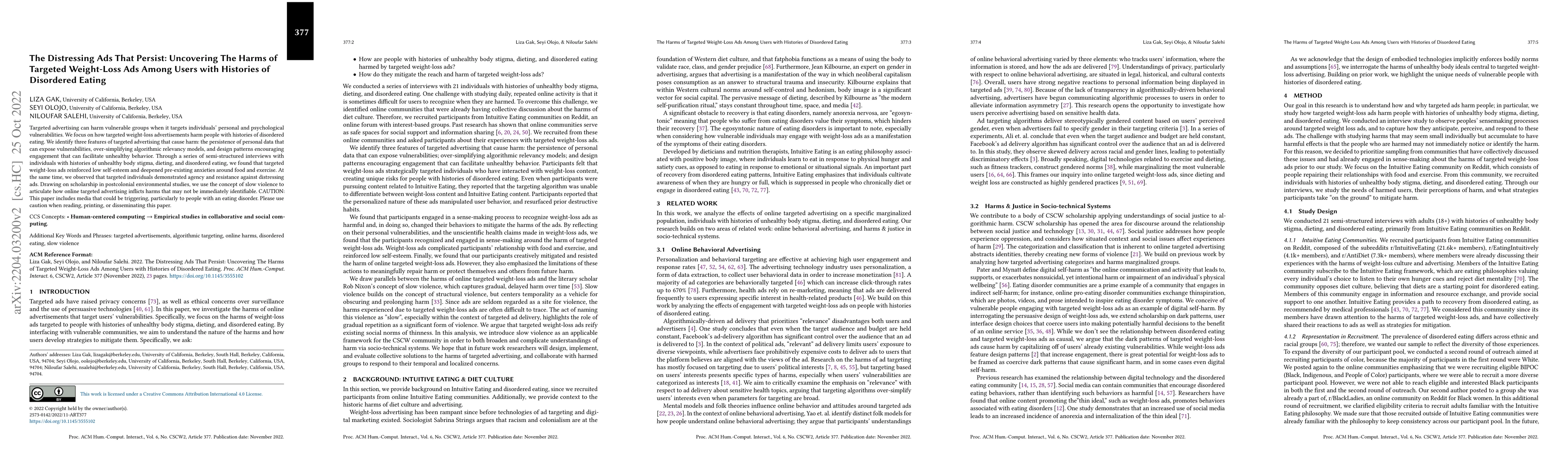 Thumbnail for The Distressing Ads That Persist: Uncovering The Harms of Targeted
  Weight-Loss Ads Among Users with Histories of Disordered Eating