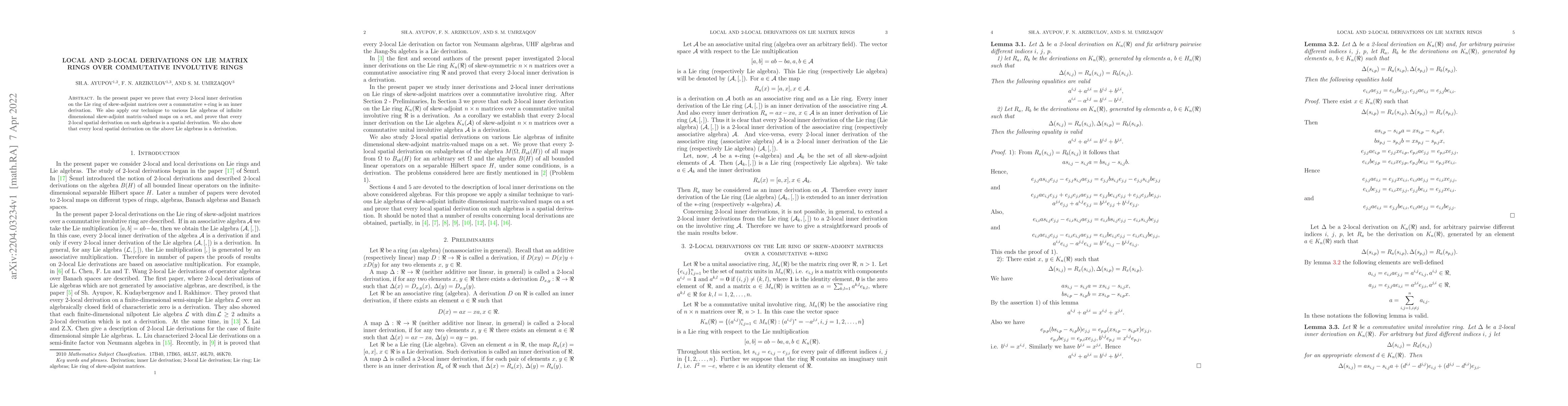 Thumbnail for Local and 2-local derivations on Lie matrix rings over commutative
  involutive rings