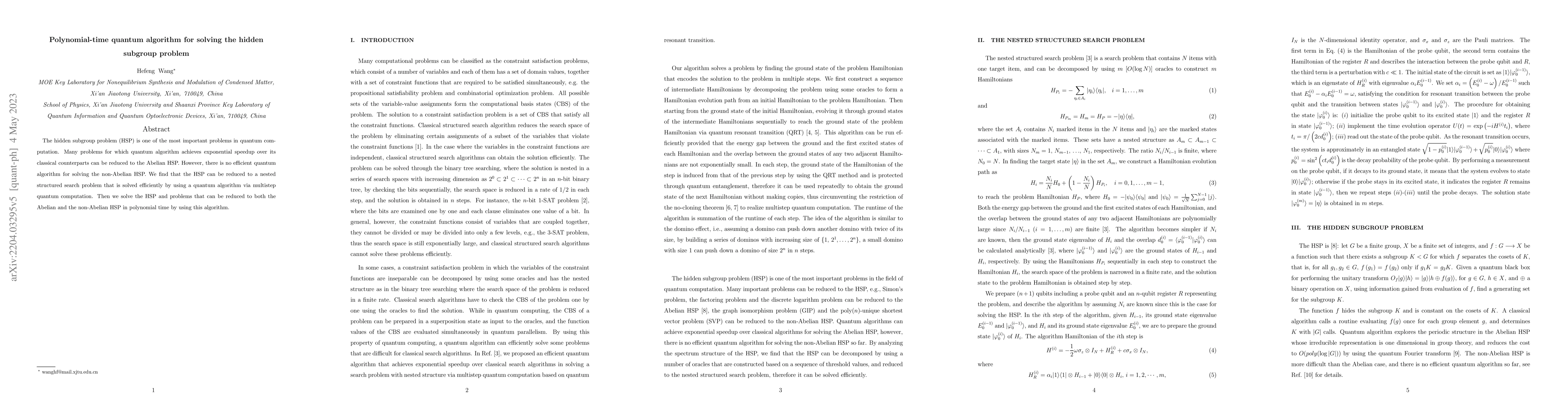 Thumbnail for Polynomial-time quantum algorithm for solving the hidden subgroup
  problem