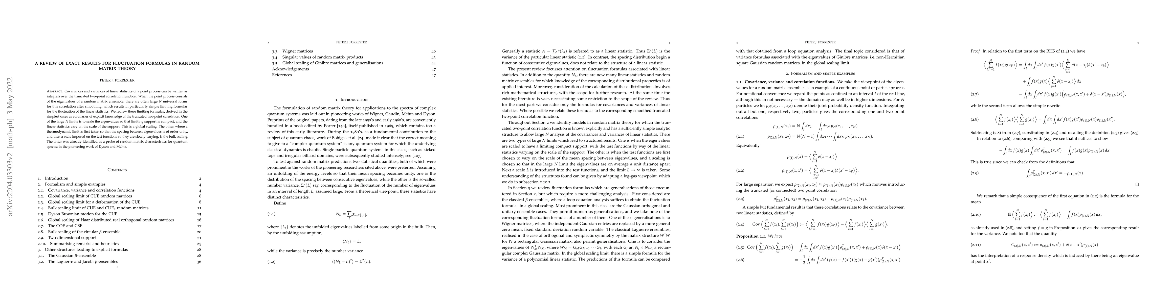 Thumbnail for A review of exact results for fluctuation formulas in random matrix
  theory