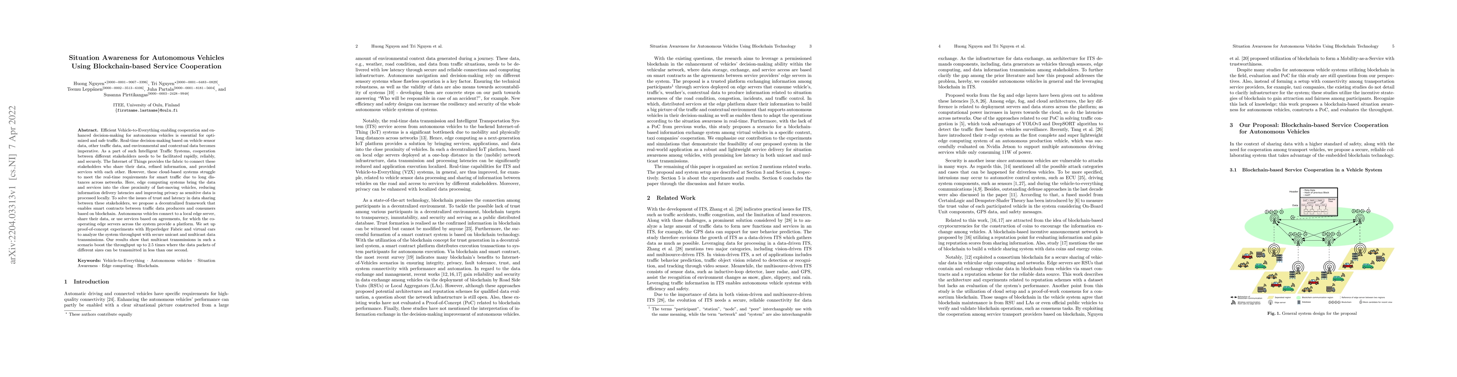 Thumbnail for Situation Awareness for Autonomous Vehicles Using Blockchain-based
  Service Cooperation