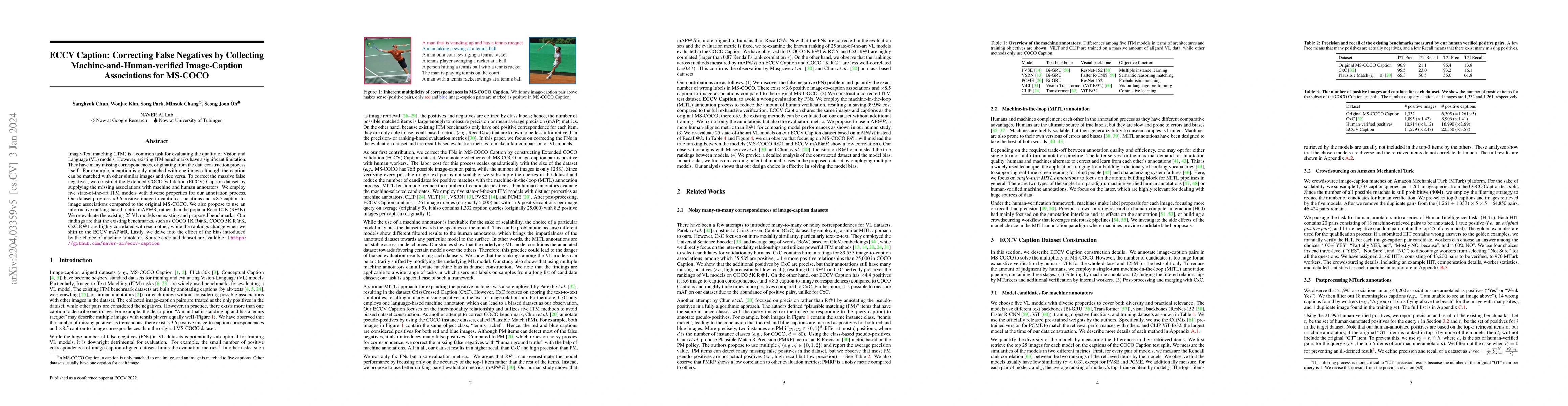 Thumbnail for ECCV Caption: Correcting False Negatives by Collecting
  Machine-and-Human-verified Image-Caption Associations for MS-COCO