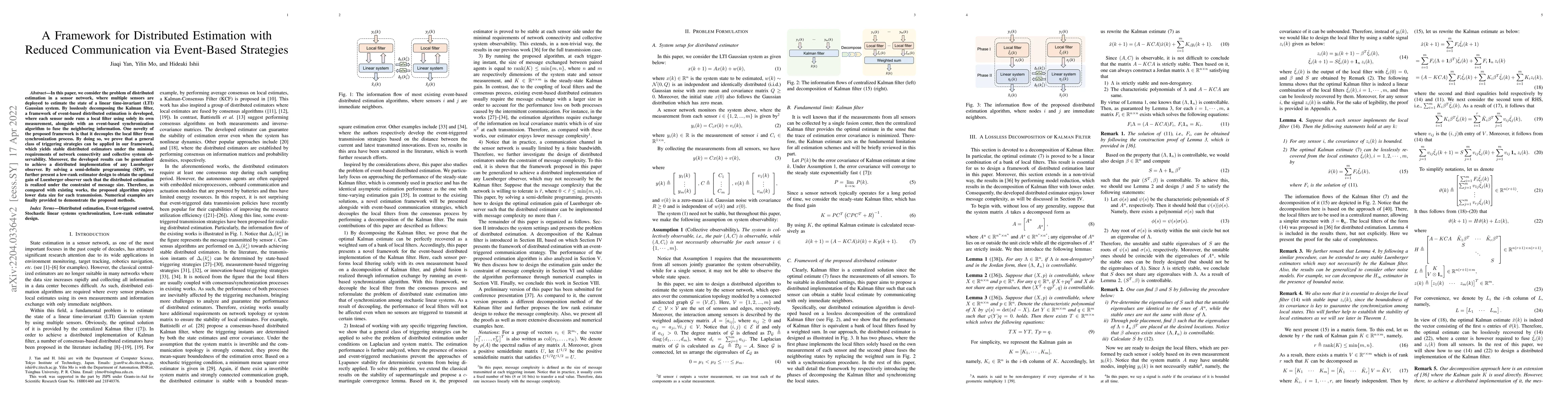 Thumbnail for A Framework for Distributed Estimation with Reduced Communication via
  Event-Based Strategies