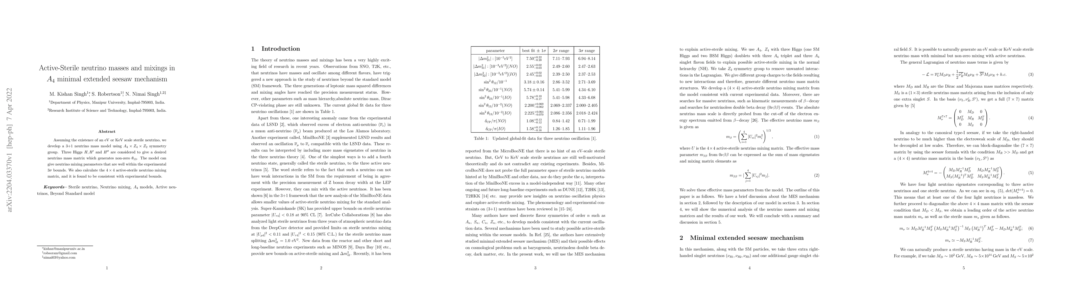 Thumbnail for Active-Sterile neutrino masses and mixings in $A_4$ minimal extended
  seesaw mechanism