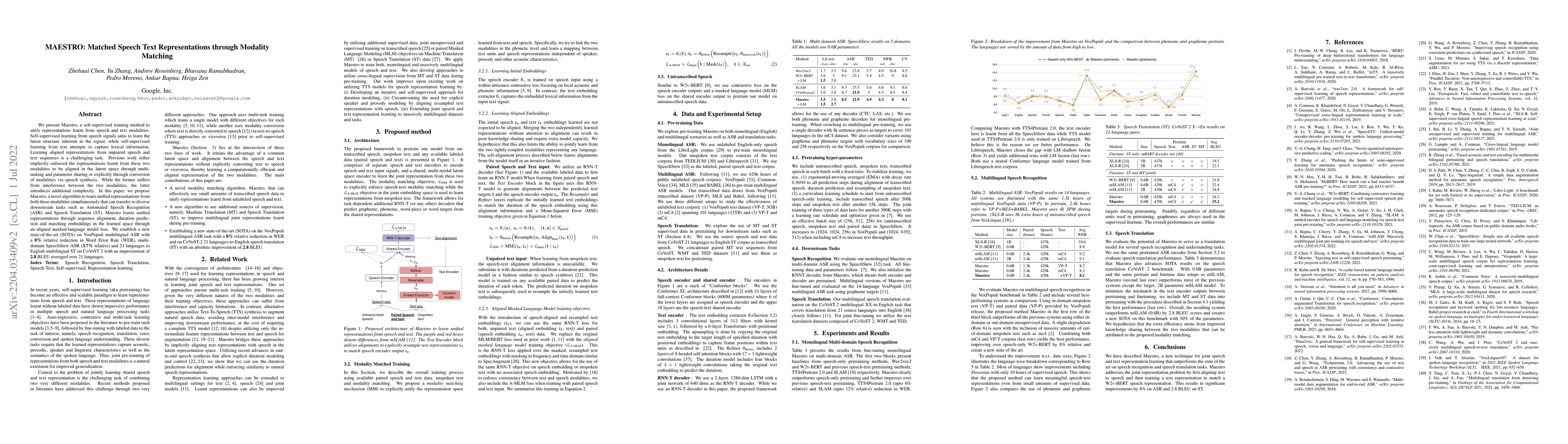 Thumbnail for MAESTRO: Matched Speech Text Representations through Modality Matching