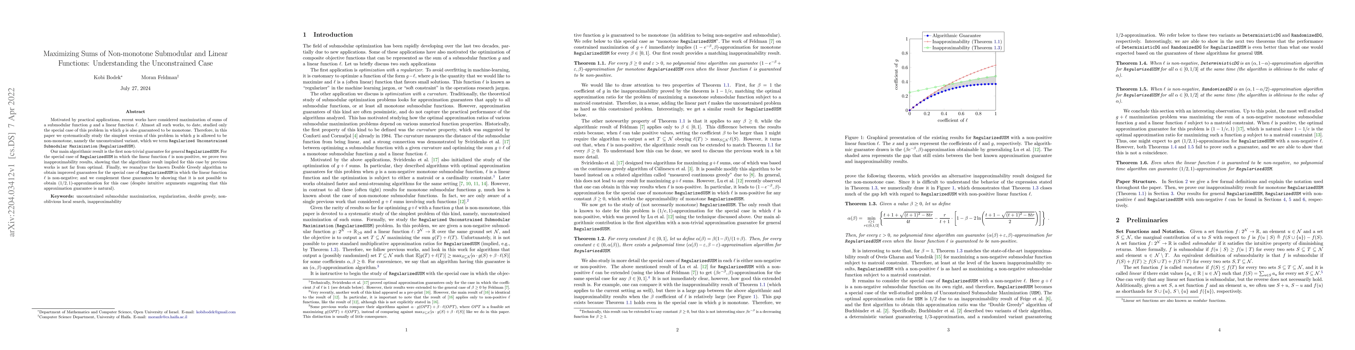 Thumbnail for Maximizing Sums of Non-monotone Submodular and Linear Functions:
  Understanding the Unconstrained Case