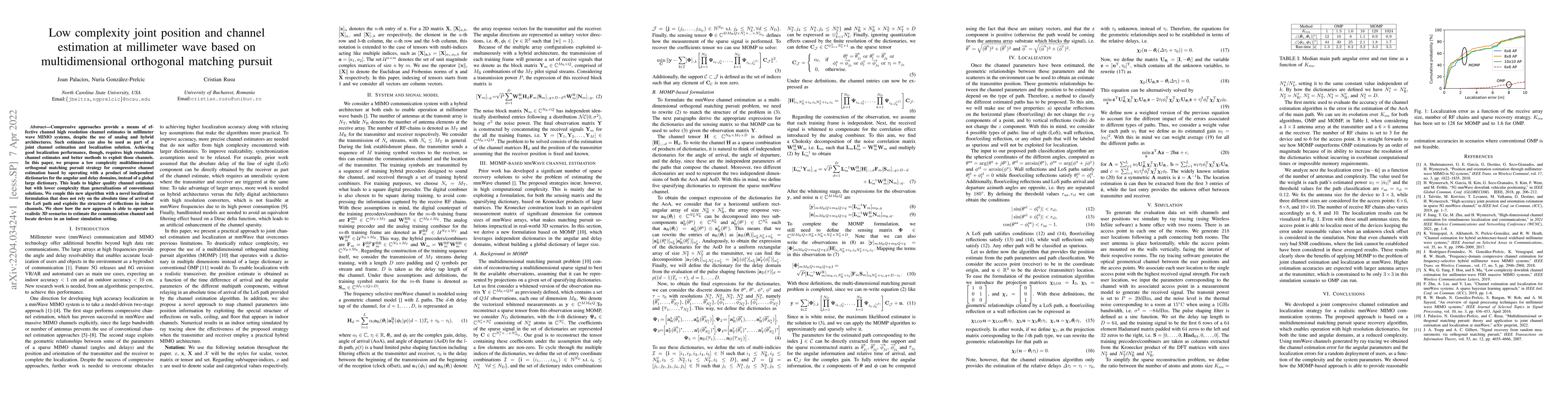 Thumbnail for Low complexity joint position and channel estimation at millimeter wave
  based on multidimensional orthogonal matching pursuit