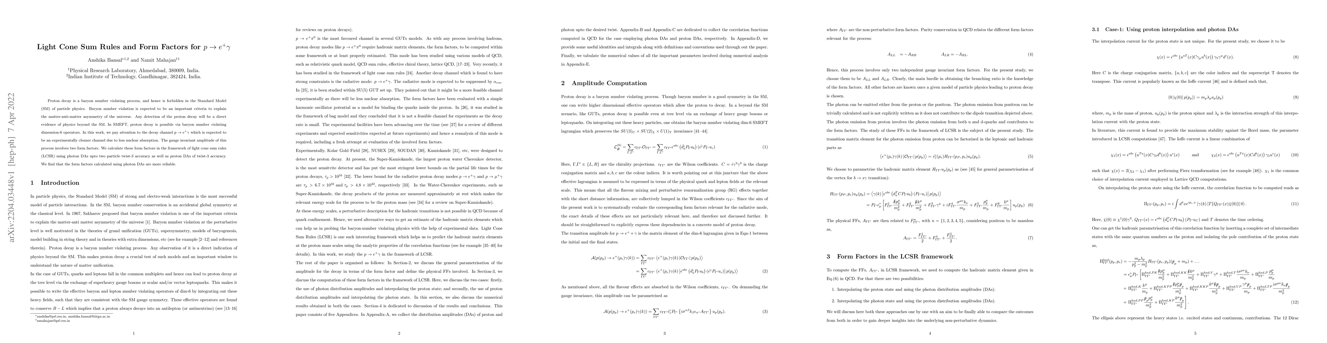 Thumbnail for Light Cone Sum Rules and Form Factors for $p\rightarrow e^+ \gamma$