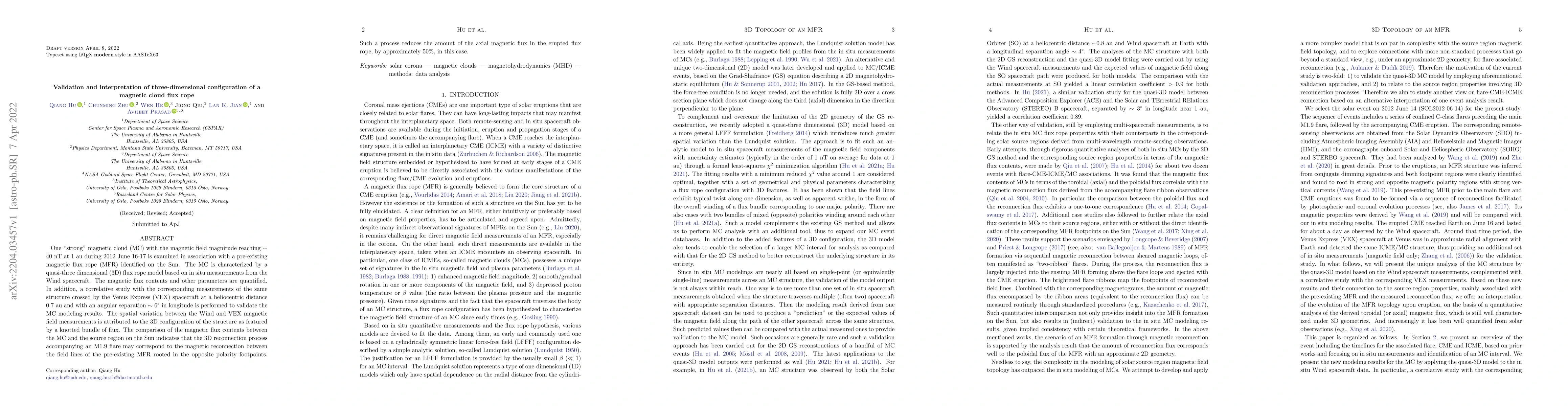 Thumbnail for Validation and interpretation of three-dimensional configuration of a
  magnetic cloud flux rope