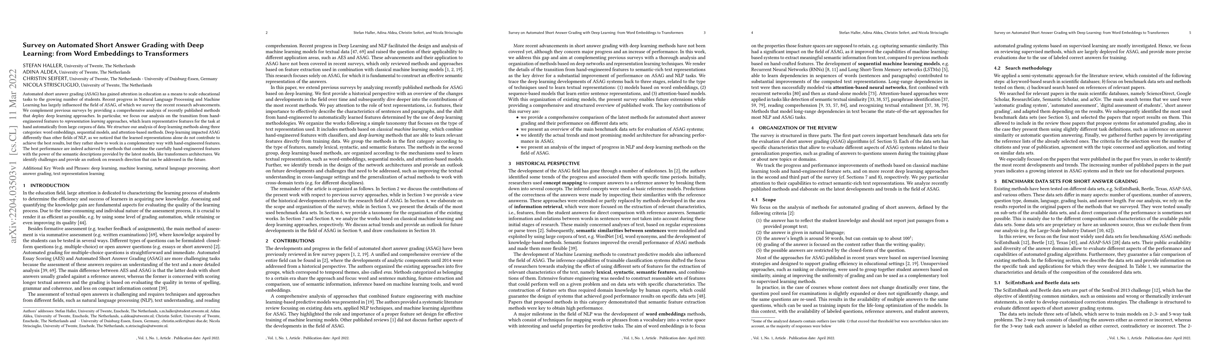 Thumbnail for Survey on Automated Short Answer Grading with Deep Learning: from Word
  Embeddings to Transformers