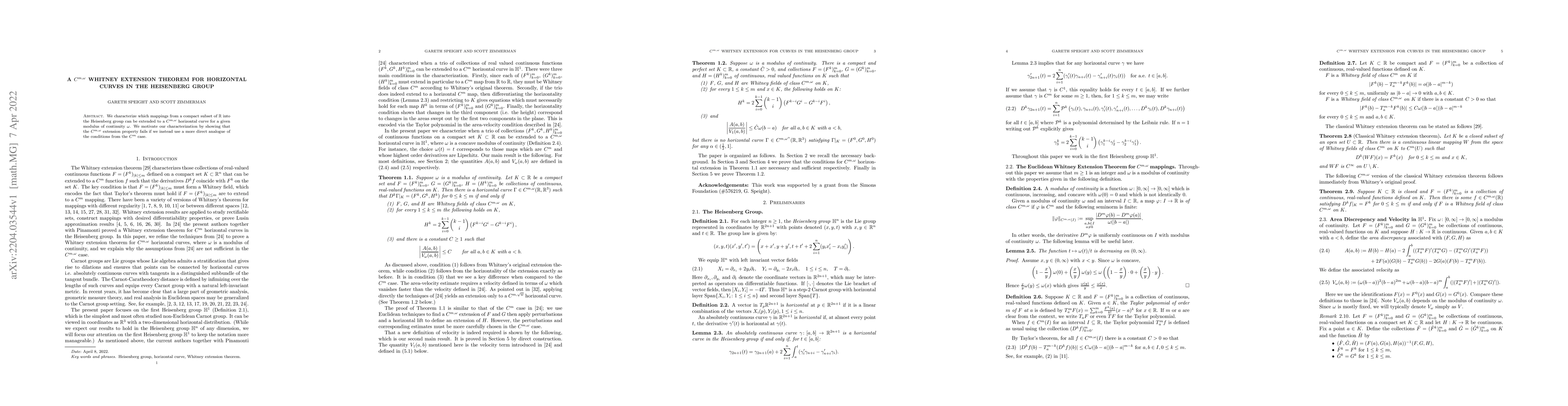 Thumbnail for A $C^{m,\omega}$ Whitney Extension Theorem for Horizontal Curves in the
  Heisenberg Group