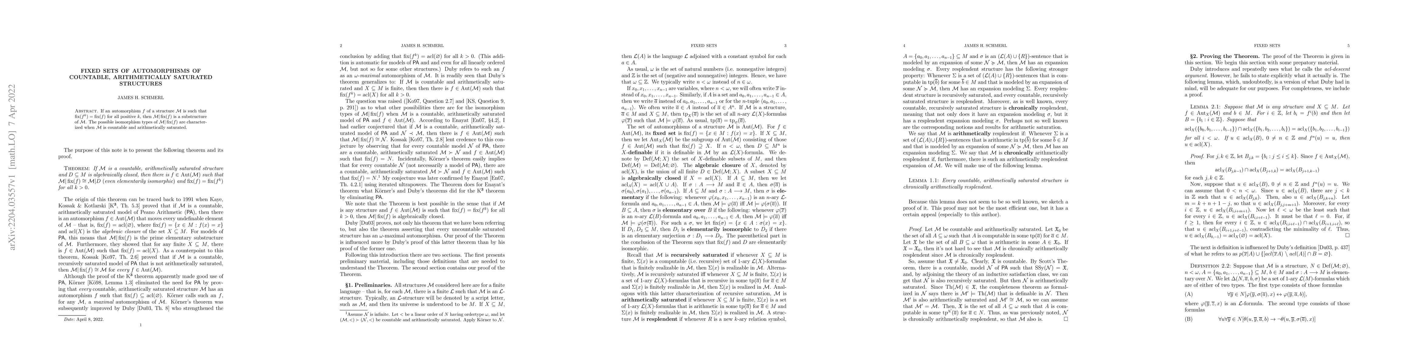 Thumbnail for Fixed Sets of Automorphisms of Countable, Arithmetically Saturated
  Structures