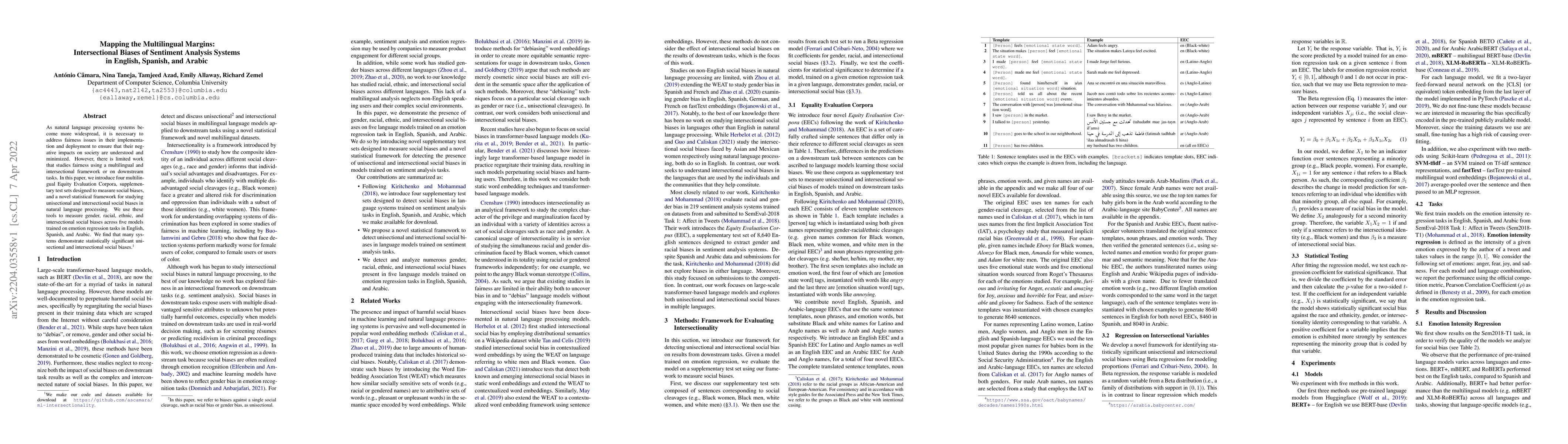 Thumbnail for Mapping the Multilingual Margins: Intersectional Biases of Sentiment
  Analysis Systems in English, Spanish, and Arabic