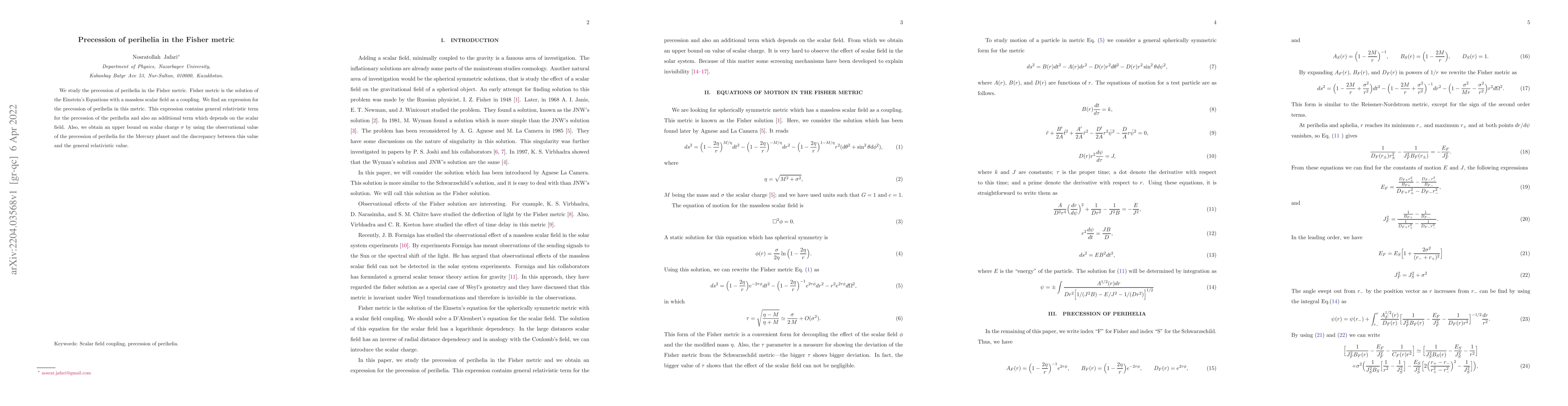 Thumbnail for Precession of perihelia in the Fisher metric
