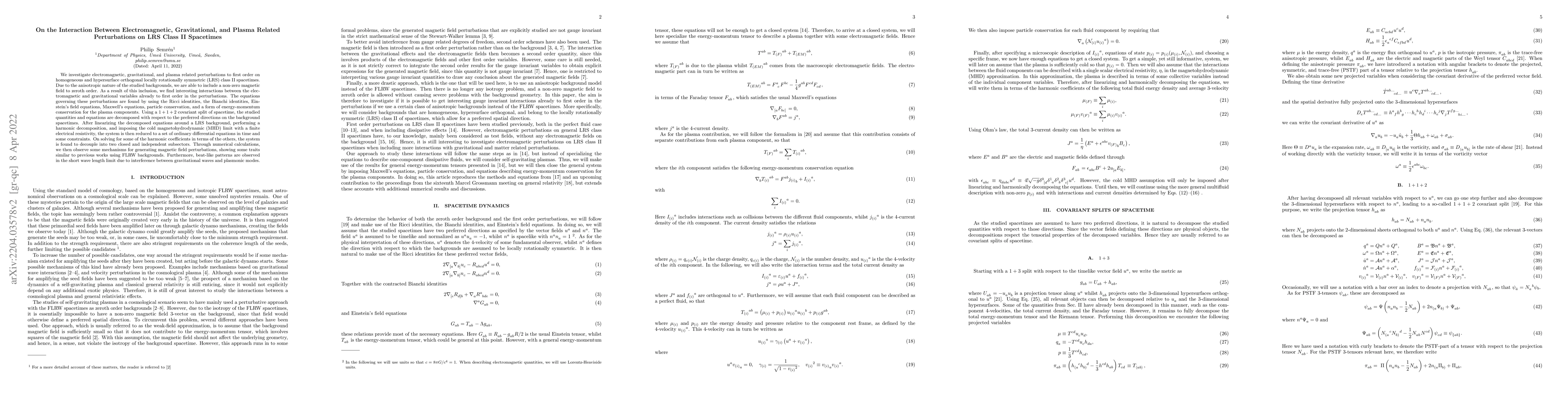 Thumbnail for On the Interaction Between Electromagnetic, Gravitational, and Plasma
  Related Perturbations on LRS Class II Spacetimes