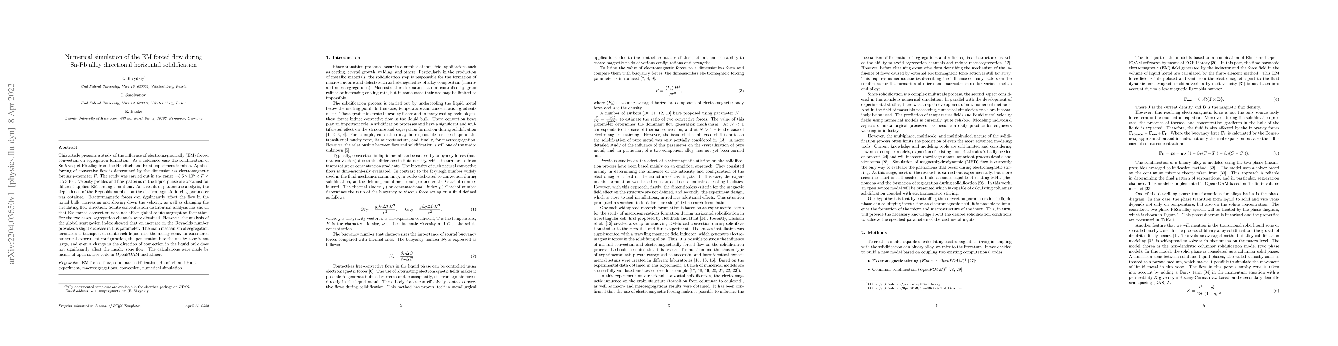 Thumbnail for Numerical simulation of the EM forced flow during Sn-Pb alloy
  directional horizontal solidification